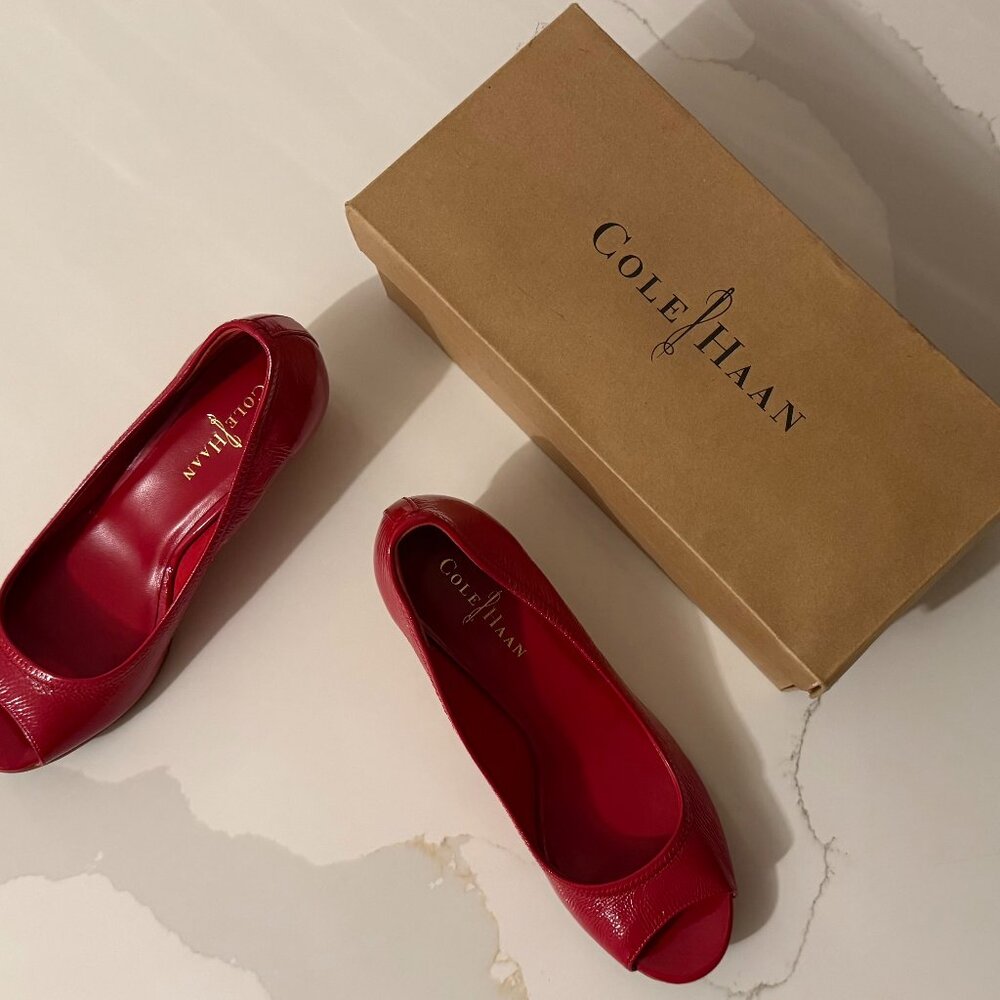 Red Patent Wedge Peep Toe Shoes New In Box